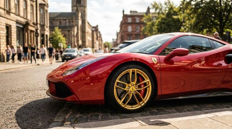 gold rims on red car visuals