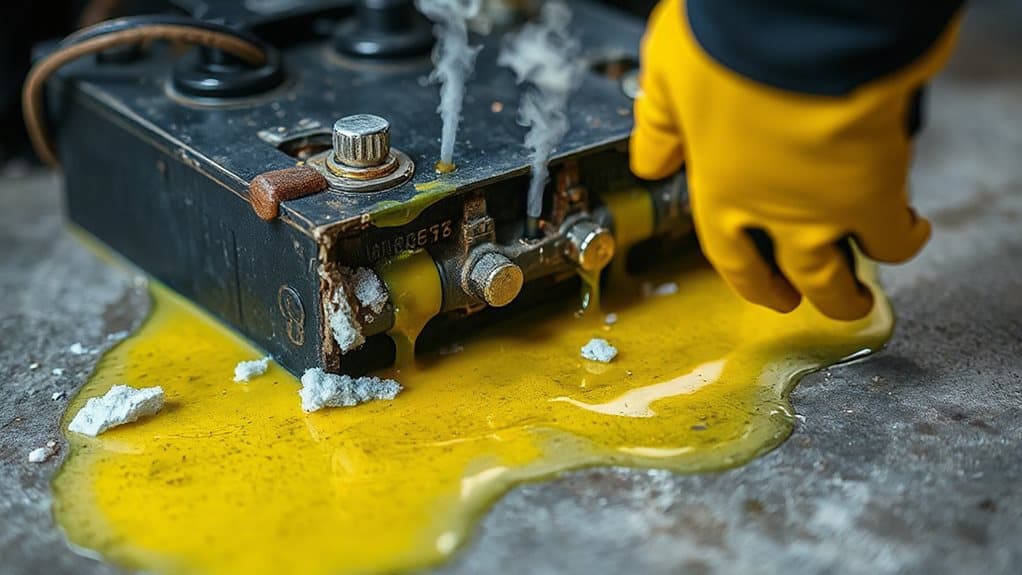 sharp sulfuric battery odor indicates leakage hazard