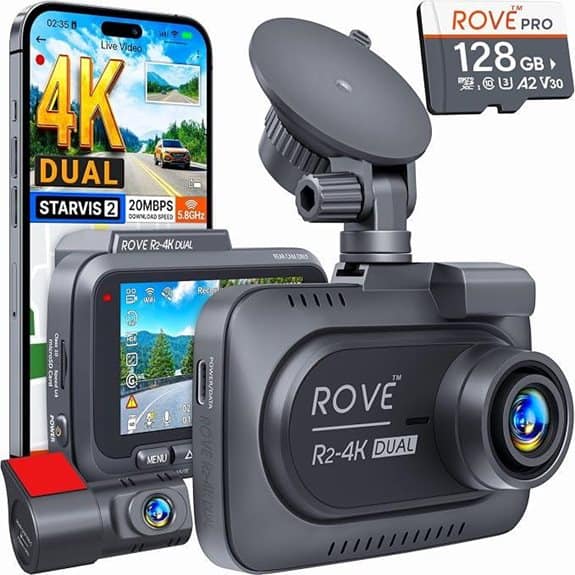 ROVE R2 4K Dual Dash Cam with 128GB Card